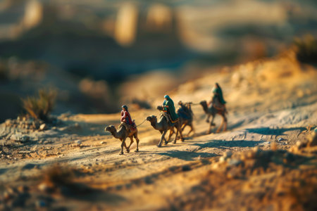 A caravan of camels with riders crosses the sultry desertの素材