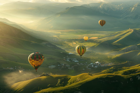 Green landscape and mountain valleys and colorful hot air balloons flying in the skyの素材