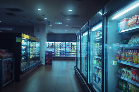 Frozen goods area in a supermarket, long refrigerated display cases with goodsの素材