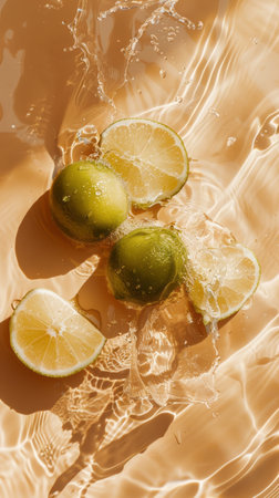 Fresh ripe sliced citrus lime slices in water splashesの素材