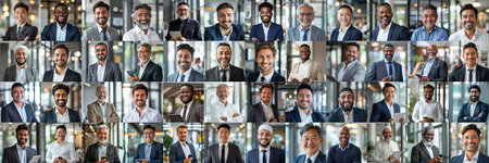 Mosaic collage of male businessmen and female businessmen of multiethnic face and different ages, portraits of successful menの素材