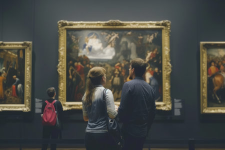 People in an art gallery or museum, paintings by artists of past centuriesの素材