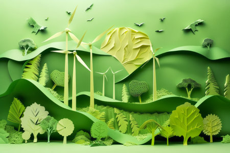 Paper cut , clean power energy, windmills in natureの素材