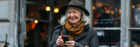 Senior woman uses smartphone, elderly woman smiles looking into smartphoneの素材