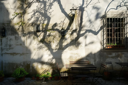 Sunlit terrace near the house, shadows on the wallの素材