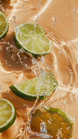 Fresh ripe sliced citrus lime slices in water splashesの素材