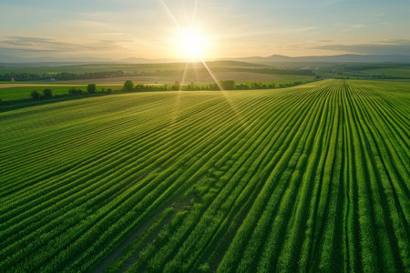 Bird's eye view of agricultural cultivated seeded fieldsの素材