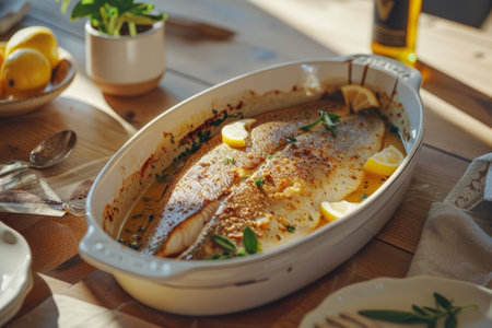 Cooked baked red trout fish in a dish with seasonings and herbs on the tableの素材