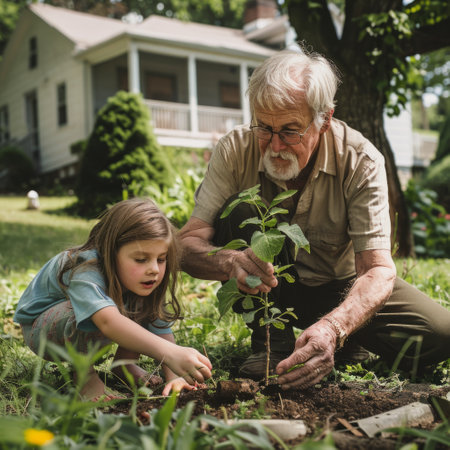 Grandfather with his little granddaughter planting a sprout of a green treeの素材
