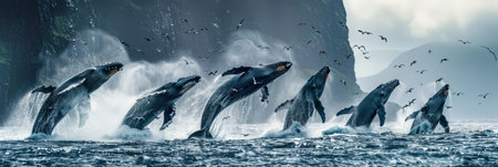 A flock of whales jumps out of the waterの素材