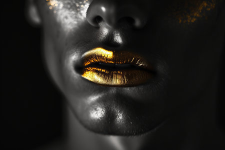 Black and white closeup shot of a European man face with metallic gold lipsの素材