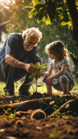 Grandfather with his little granddaughter planting a sprout of a green treeの素材