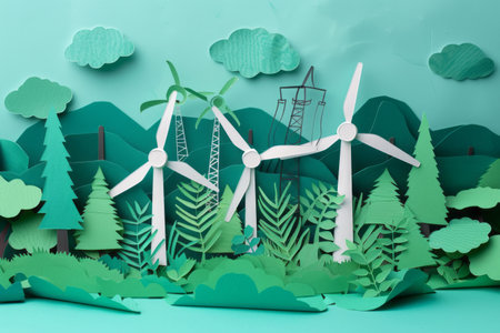 Paper cut , clean power energy, windmills in natureの素材