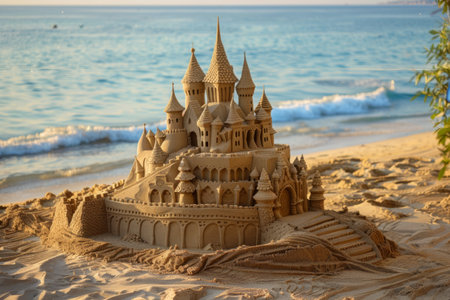 Sand castle by the water, art on natural sandy landscapeの素材