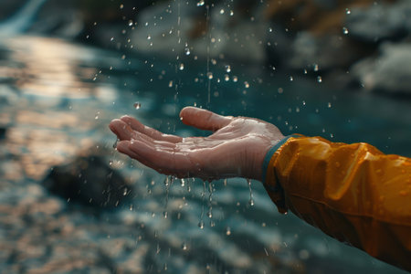 A man holds his hands under flowing waterの素材