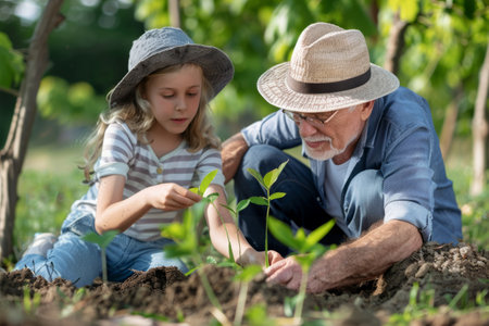 Grandfather with his little granddaughter planting a sprout of a green treeの素材