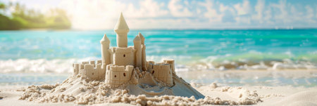 Sand castle by the water, art on natural sandy landscapeの素材