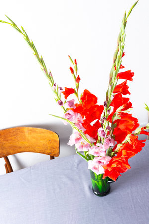 Summer bouquet of red and violet gladiolus, home decoration with flowers, bouquet with flowers on the tableの写真素材