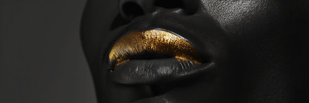 Black and white closeup shot of an African American man face with metallic gold lipsの素材