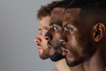 Profile view of young men of different nationalities, ethnicity and skin color, diversityの素材