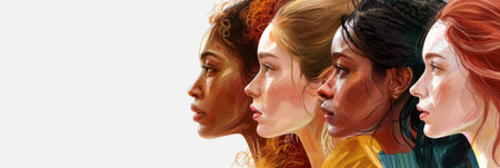 Profile view of young girls of different nationalities, ethnicities and skin colorsの素材