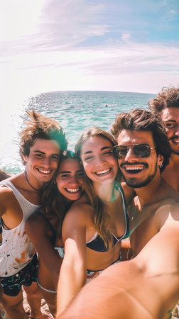 Happy smiling young people taking selfie against sea backgroundの素材