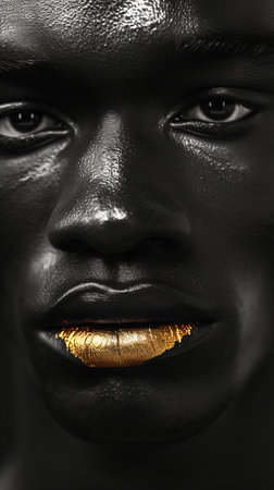 Black and white closeup shot of an African American man face with metallic gold lipsの素材