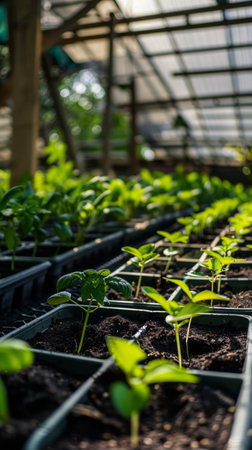 Growing fresh vegetables and fruits next to fields with solar panelsの素材