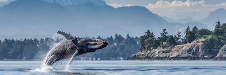 A frolicking whale jumps out of the waterの素材