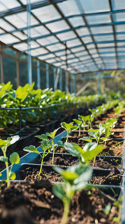 Growing fresh vegetables and fruits next to fields with solar panelsの素材