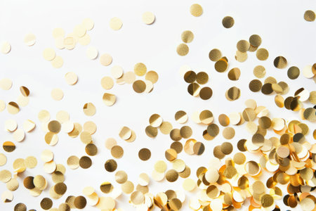 Shimmering golden confetti floats gracefully in the air against a pristine white background, creating a festive and elegant scene. The glimmering particles danceの素材