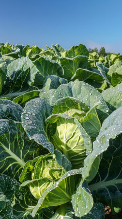 Cabbages on the farm plantation are adorned with dewdrops, ready to provide a nutritious and hearty harvestの素材