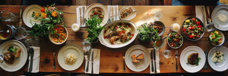 A variety of homemade dishes rest on a plain wooden table. The rustic surface complements the fresh, flavorful food, homey delight, low desire living , bannerの素材