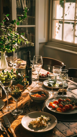 The plain wooden table holds a homemade meal, with steaming dishes and fresh ingredients. The simplicity of the setting enhances the meal's authenticity, homey delight, low desire livingの素材