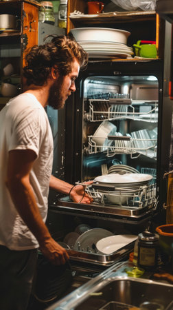 A man carefully fills the dishwasher with dirty dishes, organizing them neatly to ensure a thorough cleanの素材
