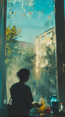 The woman methodically washes the windows in her apartment, her attention to detail leaving the glass spotless and contributing to a cleanerの素材