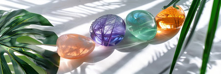 Empty display featuring smooth, colorful translucent stones against a white backdrop, vibrant green monsteras and palm leaves, spa concept bannerの素材