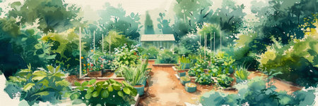 Step into a picturesque watercolor rendition of a neighborhood garden, alive with shared planting areas and tools Residents cultivate vegetables and flowers, enjoying a tranquil, cooperative gardening space, bannerの素材