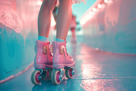 Vibrant 90s style: close-up of girl's legs in pink roller skates, against a blue wall, epitomizing retro coolnessの素材