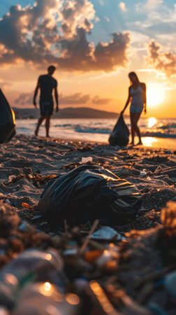 Environmental activists converge on a littered sea beach, driven by passion and dedication, against the serene backdrop of a pristine shoreline and the setting sunの素材