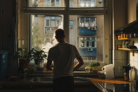 The man washes the apartment windows methodically, his attention to detail leaving the glass spotlessの素材