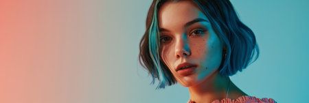 A striking portrait showcases a beautiful young lady wearing a pink top and sporting blue hair against a plain turquoise background, bannerの素材
