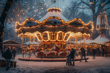 A charming Christmas fair scene features a snowy setting with a beautifully decorated carousel, where children are laughing and enjoying a festiveの素材