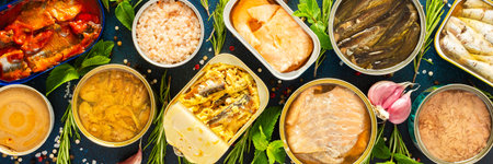 Enjoy an assortment of canned fish including salmon, mackerel, sprat, sardine, tuna, herring, and fish pate, displayed in open tins with spices and herbs , bannerの写真素材