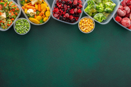 Food in winter, freezing fresh vegetables in summer in the refrigerator, various frozen vegetables in plastic dishes on a green background, top viewの写真素材
