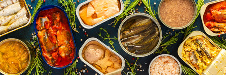 A top view of open tin cans with canned salmon, mackerel, sprat, sardine, tuna, herring, and fish pate, surrounded by spices and herbs on a blue background, bannerの写真素材