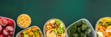 Food in winter, freezing fresh vegetables in summer in the refrigerator, various frozen vegetables in plastic dishes above and below green background, bannerの写真素材
