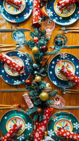 This festive family Christmas table features colorful plates, cheerful crackers, surrounded by an inviting variety of delicious holiday foodsの素材