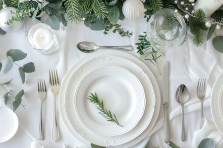 A modern Christmas dinner table setting features minimalistic decor with elegant white plates, silver cutlery, and fresh greenery accents, creating a chicの素材