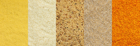 Various grain cereals banner, top view, millet and wheat grits, white and brown rice, orange lentilsの写真素材